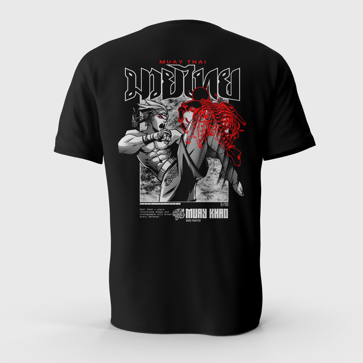 Black t-shirt with graphic design on a white background