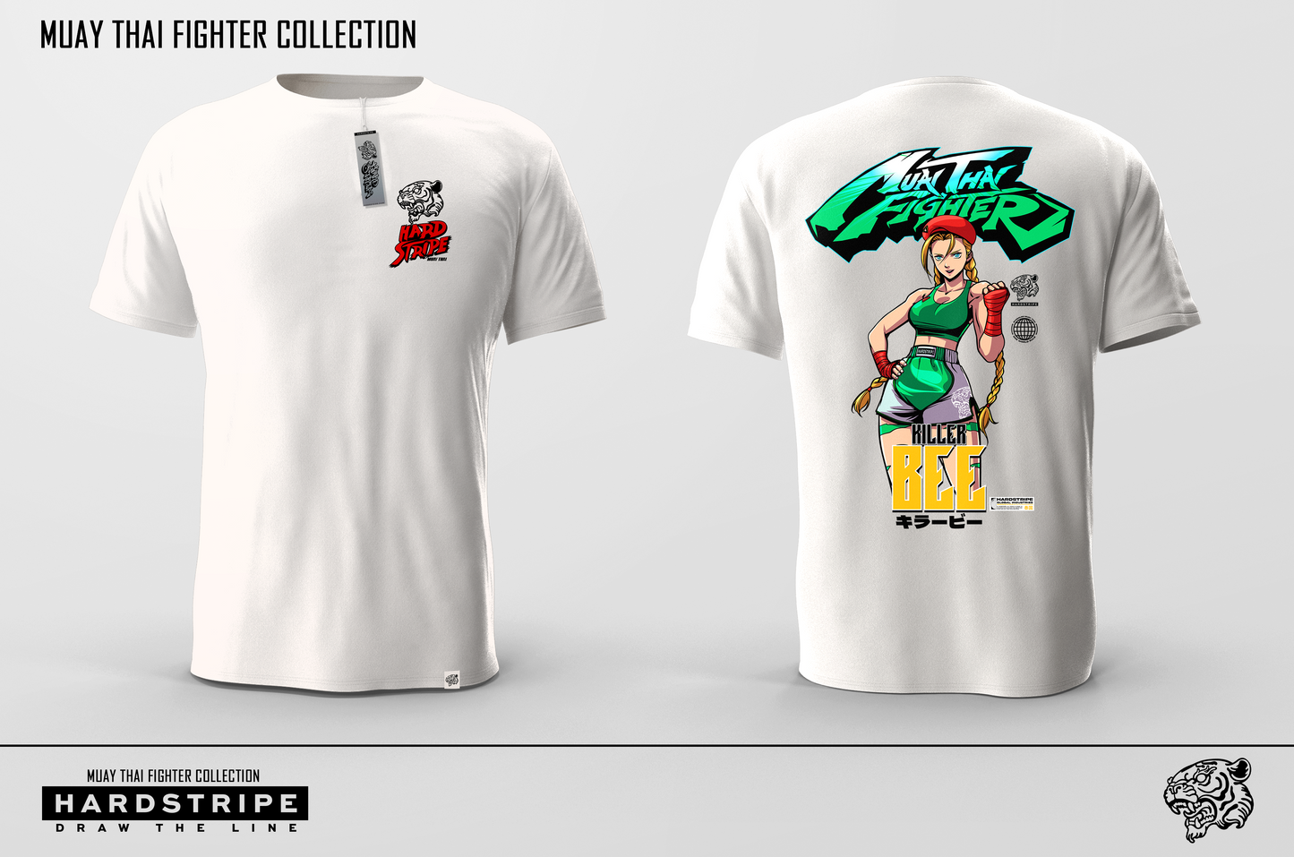 Front and back of shirt. The front has a tiger emblem. The back has a Streetfighter Cammy drawing on white shirt.