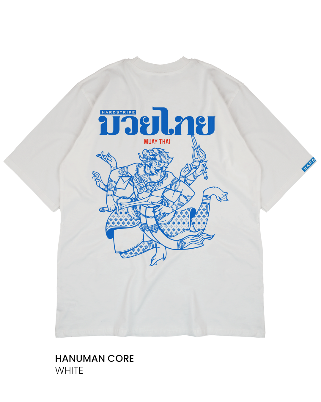 Boxy fit White t-shirt with blue graphic design and text.