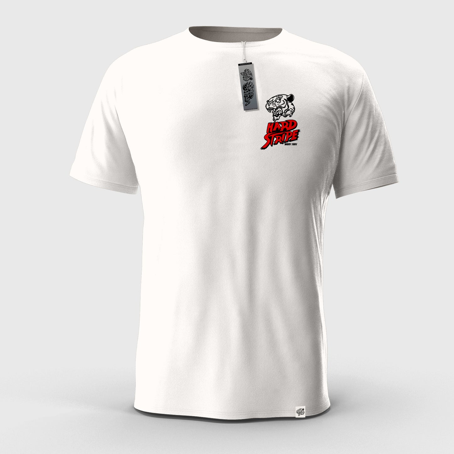 White t-shirt with a logo on the chest against a light gray background