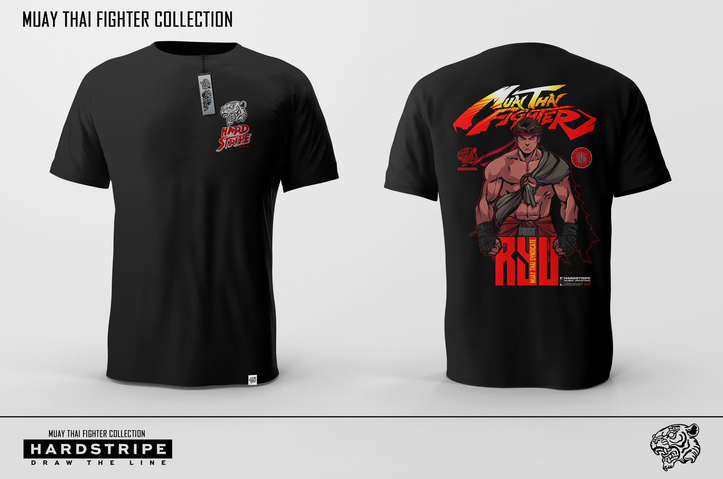 Black t-shirt with a graphic design on the front and back, featuring a Ryu and text, on a white background.