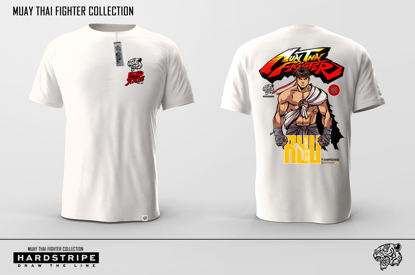 White t-shirt with Muay Thai fighter graphic on a gray background