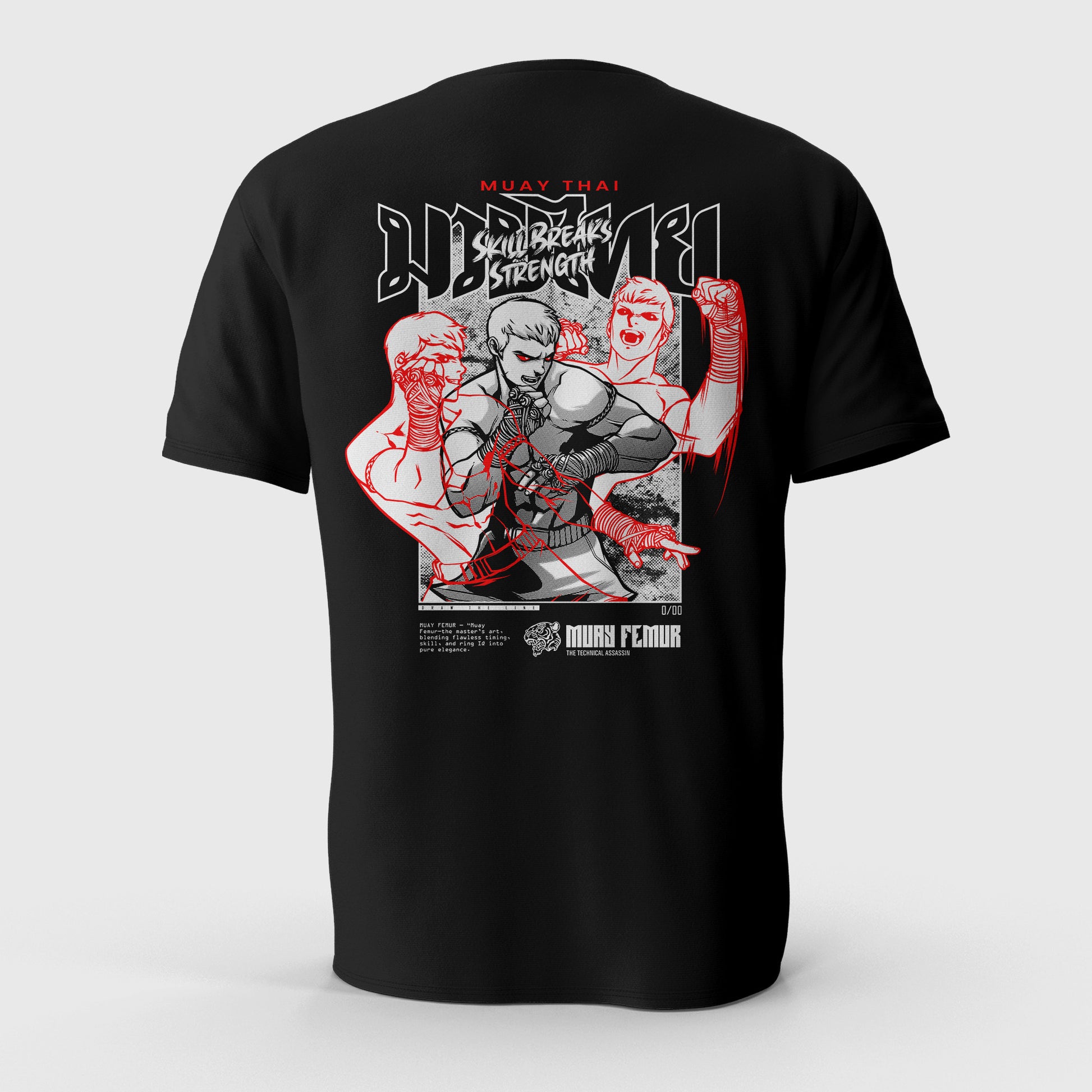 Black t-shirt with graphic design on the front featuring a stylized illustration of a Fighter throwing an elbow and text on the back.