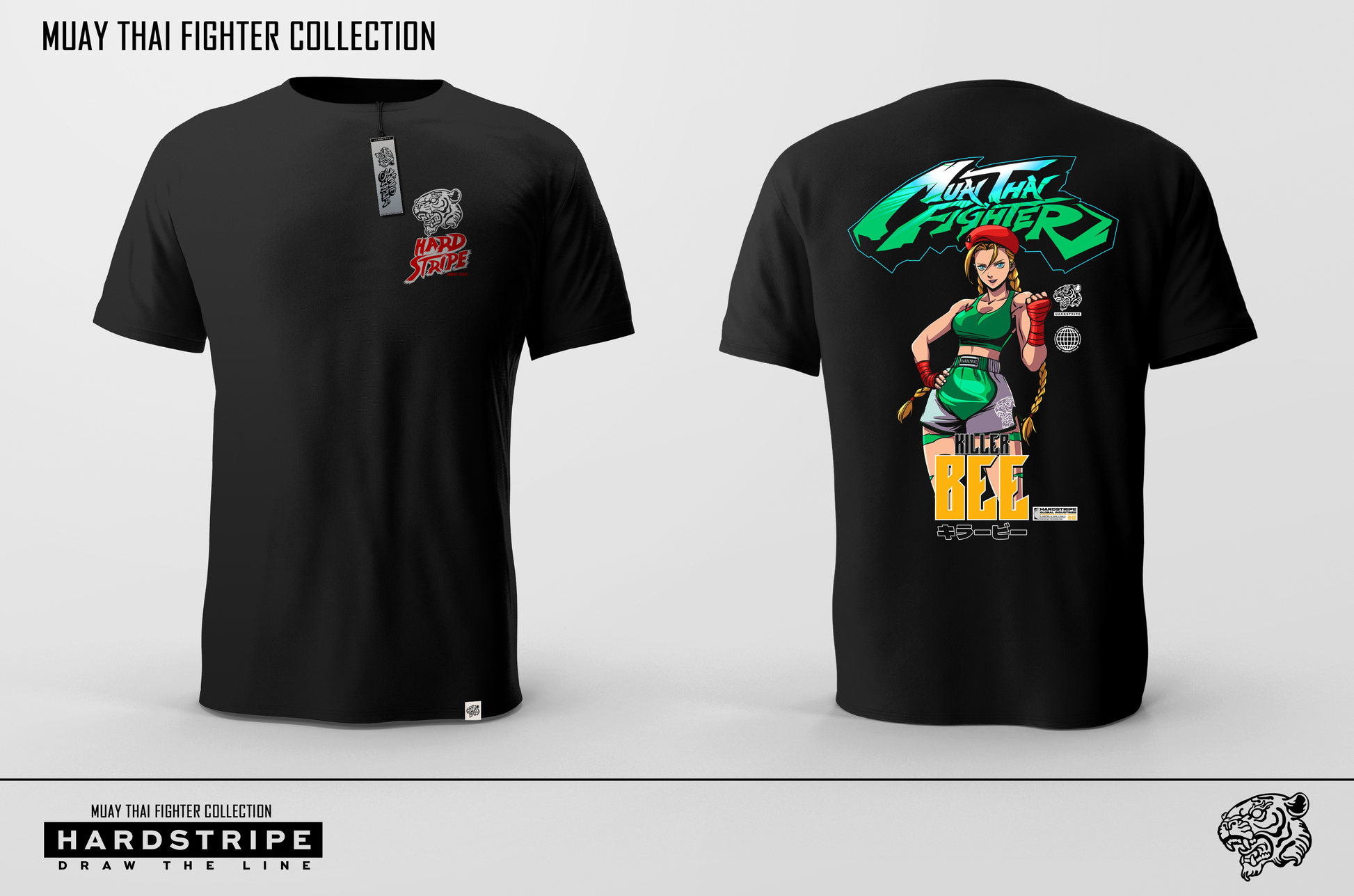 Front and back of shirt. The front has a tiger emblem. The back has a Streetfighter Cammy drawing on black shirt.