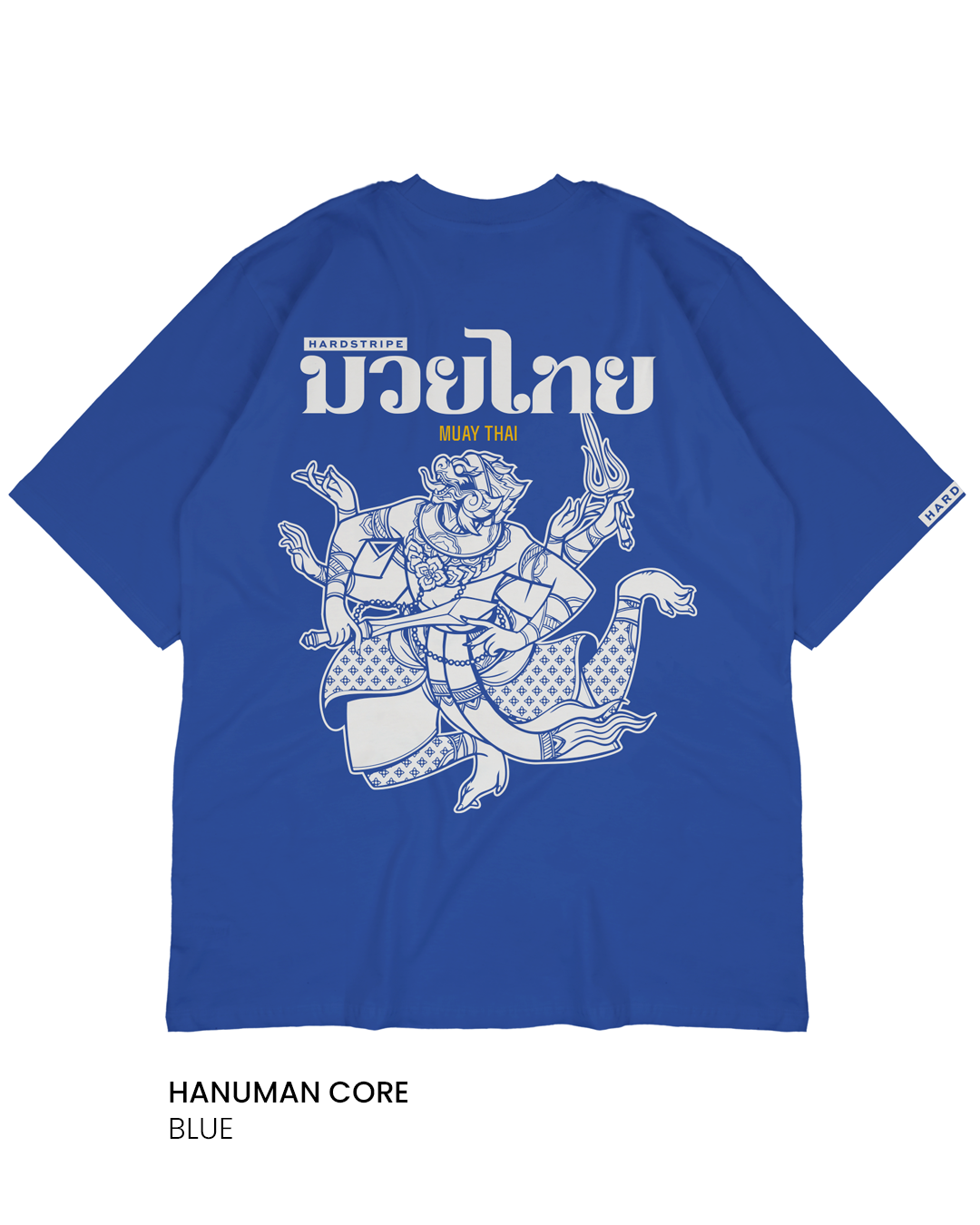 Boxy fit Heavy Weight Blue Muay Thai t-shirt with white Hanumnan graphic design and text.