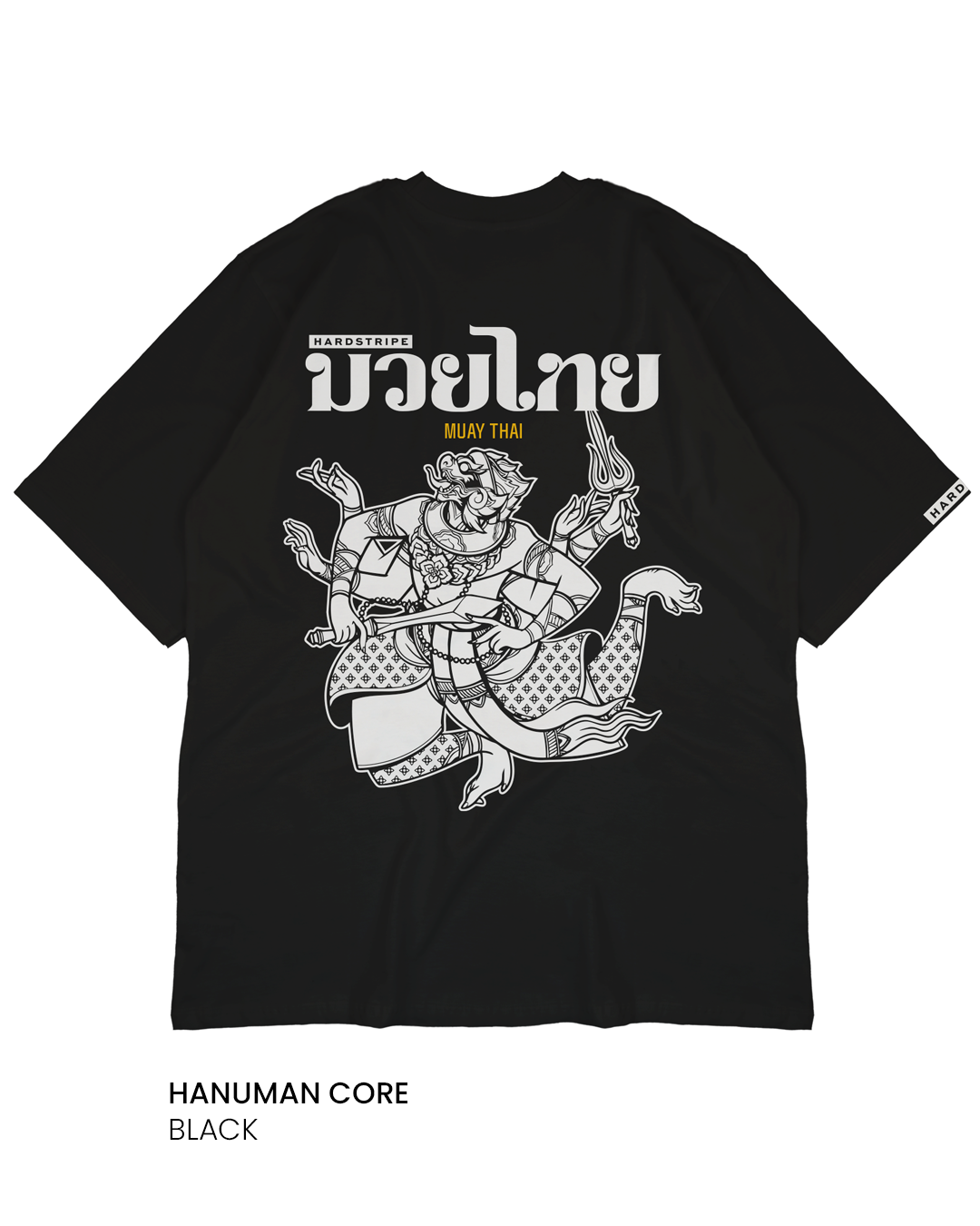 Boxy fit cropped fit street style tee shirt with white Hanuman graphis with Muay Thai font on black
