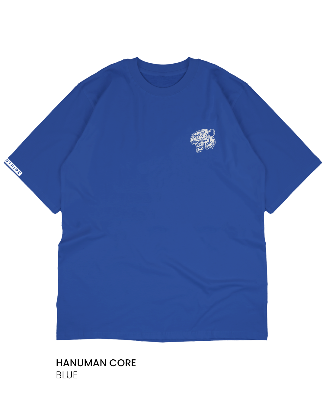 Blue t-shirt with a small tiger logo on the left side of the chest.