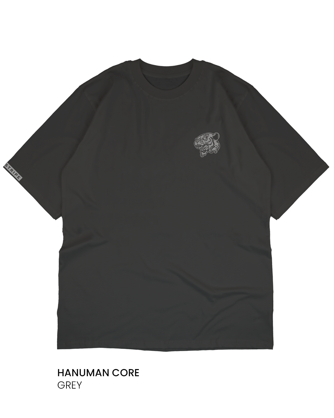 Grey boxy fit t-shirt with a small logo on the top left.