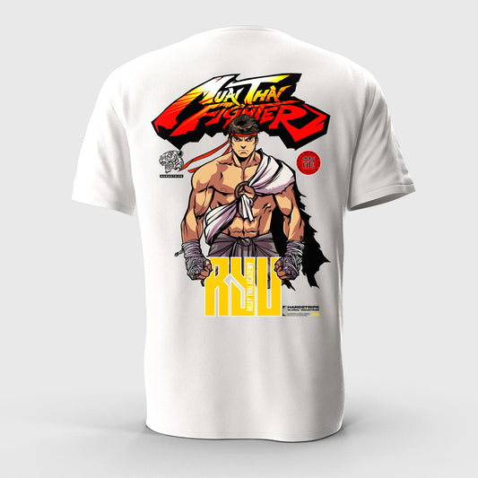 White t-shirt with a graphic design of a fighter and text on a gray background