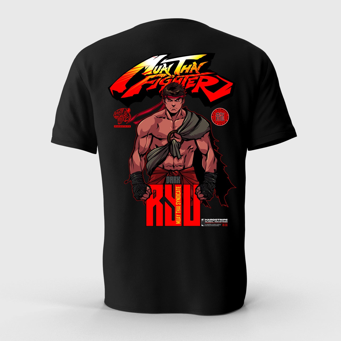 Black t-shirt with a graphic of a muscular character and 'Ryu Fighter' text on a white background