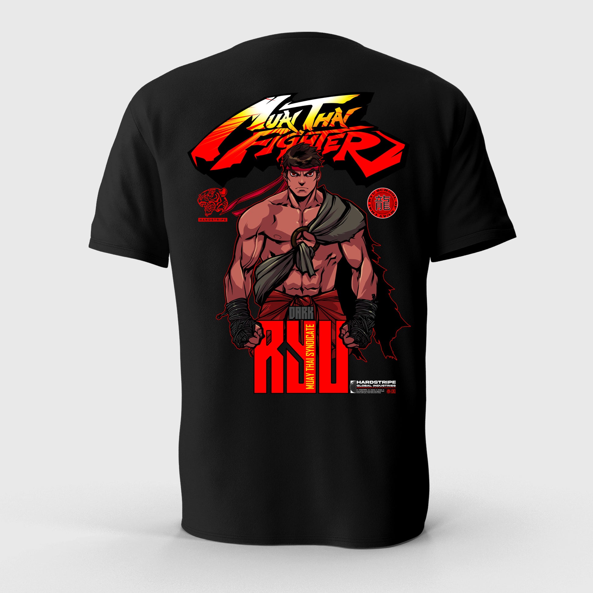 Black t-shirt with a graphic of a muscular character and 'Ryu Fighter' text on a white background