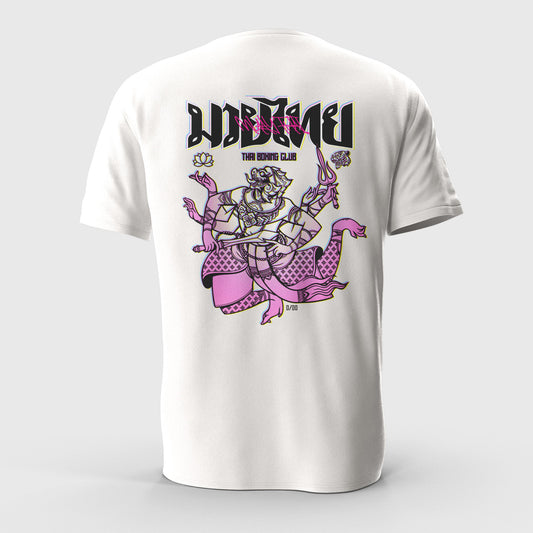 White t-shirt with graphic design on the front featuring a stylized illustration of a diety dancing and text on the back.
