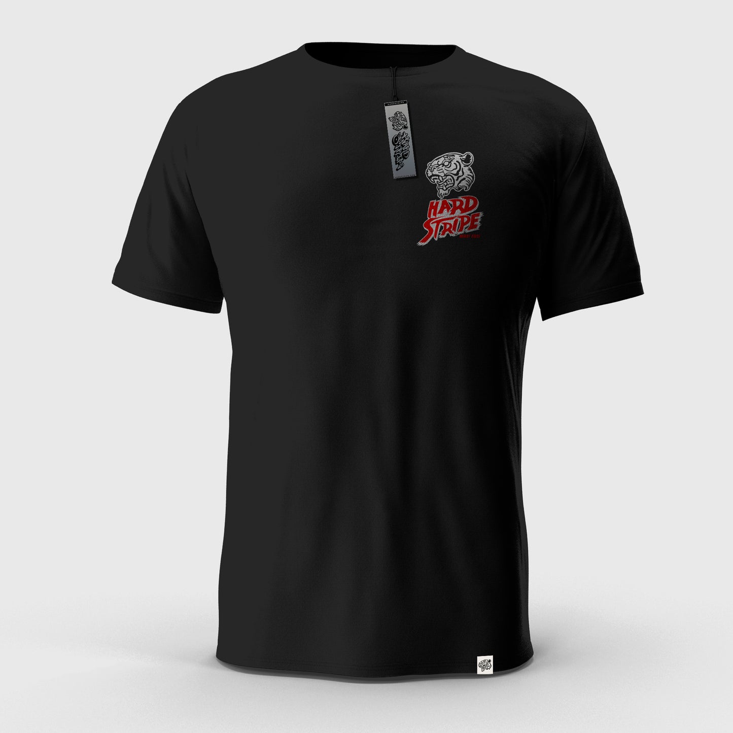 Black t-shirt with a logo on the chest against a white background