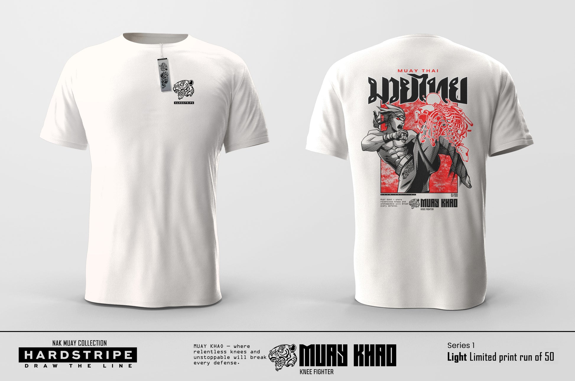 White t-shirt with graphic design on the front featuring a stylized illustration of a Fighter throwing a knee and text on the back.
