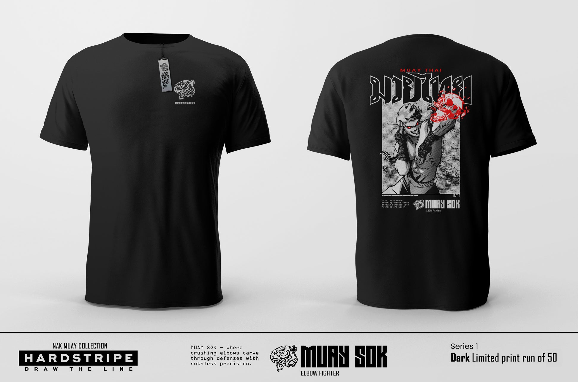 Black t-shirt with graphic design on the front featuring a stylized illustration of a Fighter throwing an elbow and text on the back.