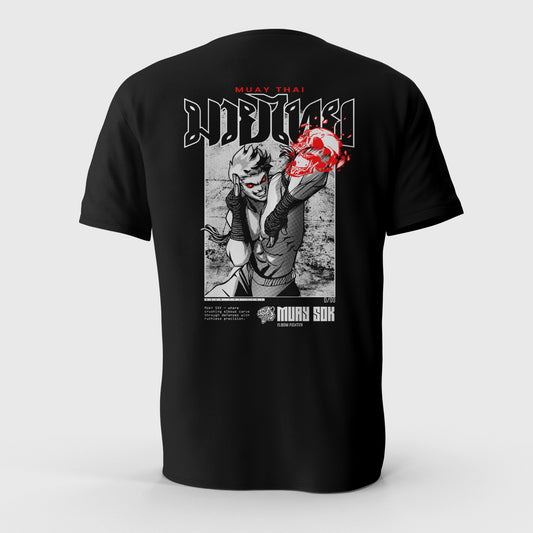 Black t-shirt with graphic design on the front featuring a stylized illustration of a Fighter throwing an elbow and text on the back.