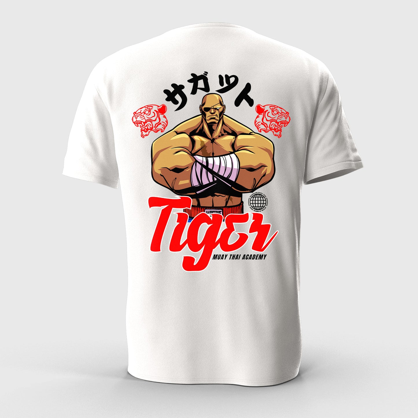White t-shirt with a graphic design of Sagat, red text, and black characters on a white background