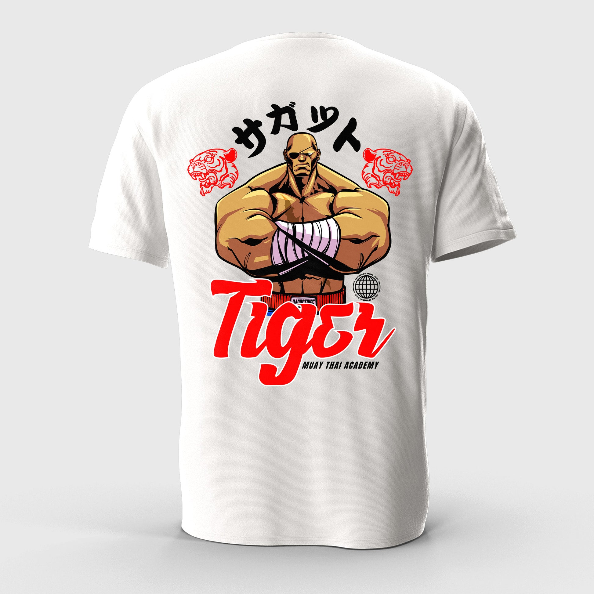 White t-shirt with a graphic design of Sagat, red text, and black characters on a white background