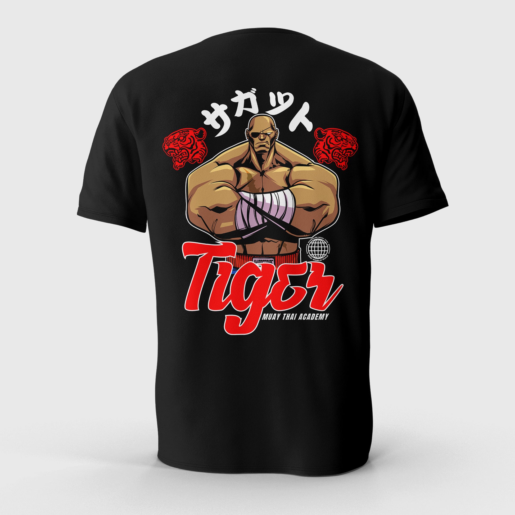 Black t-shirt with a graphic of Sagat, red text, and white symbols on a gray background