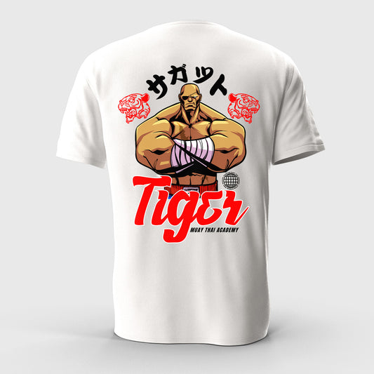 White t-shirt with a graphic design of Sagat, red text, and black characters on a white background