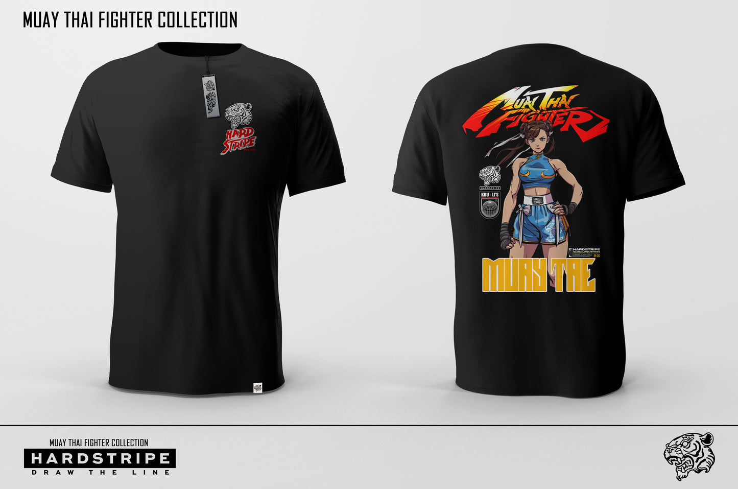 Black t-shirt with Muay Thai fighter design on a white background