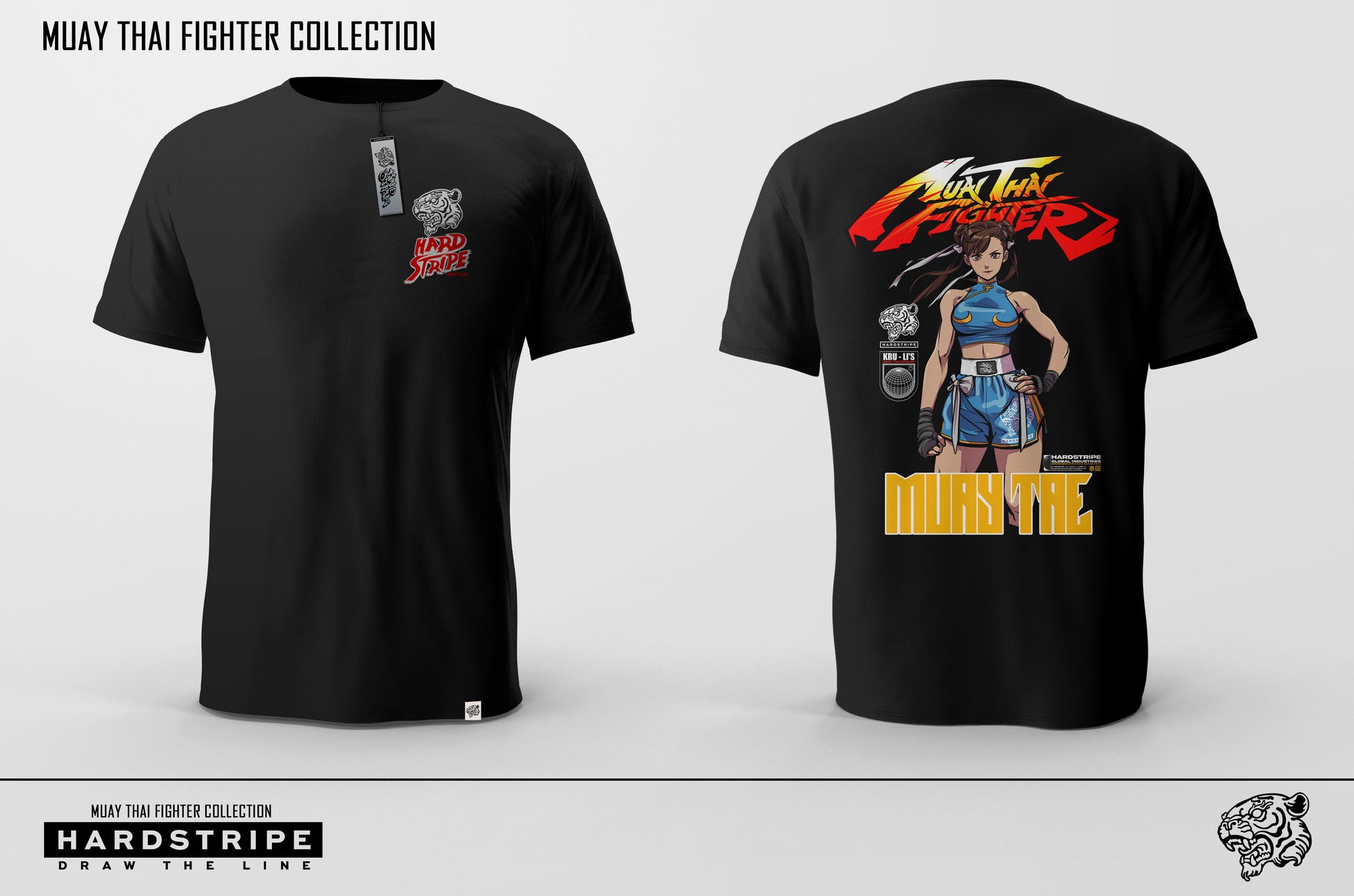 Black t-shirt with Muay Thai fighter design on a white background