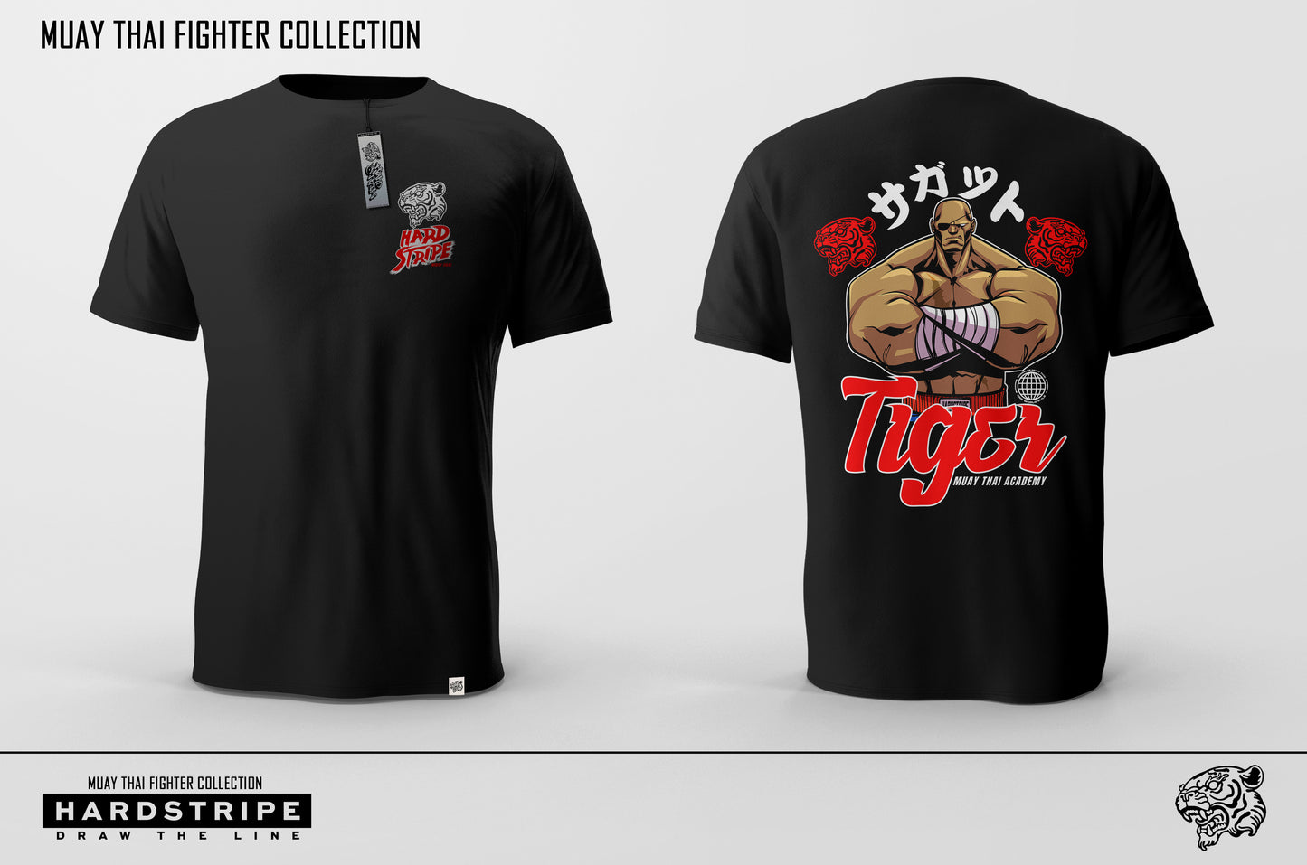 Black t-shirt with Muay Thai fighter design on front and back, featuring 'Tiger' text.