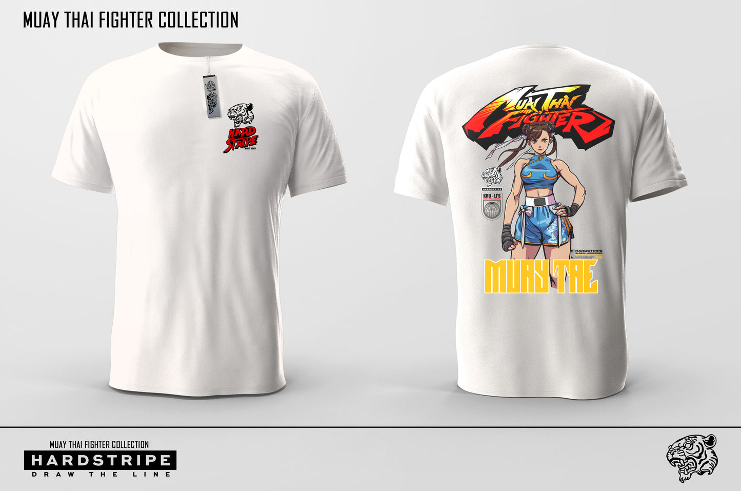 White t-shirt with Muay Thai fighter design on front and back, featuring Hardstripe branding.