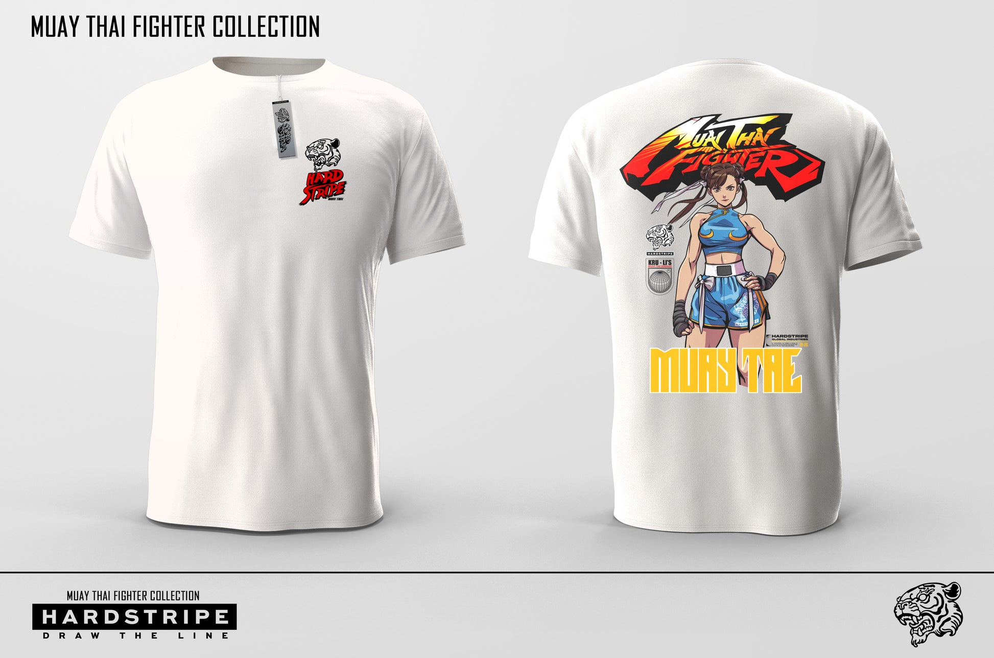 White t-shirt with Muay Thai fighter design on front and back, featuring Hardstripe branding.