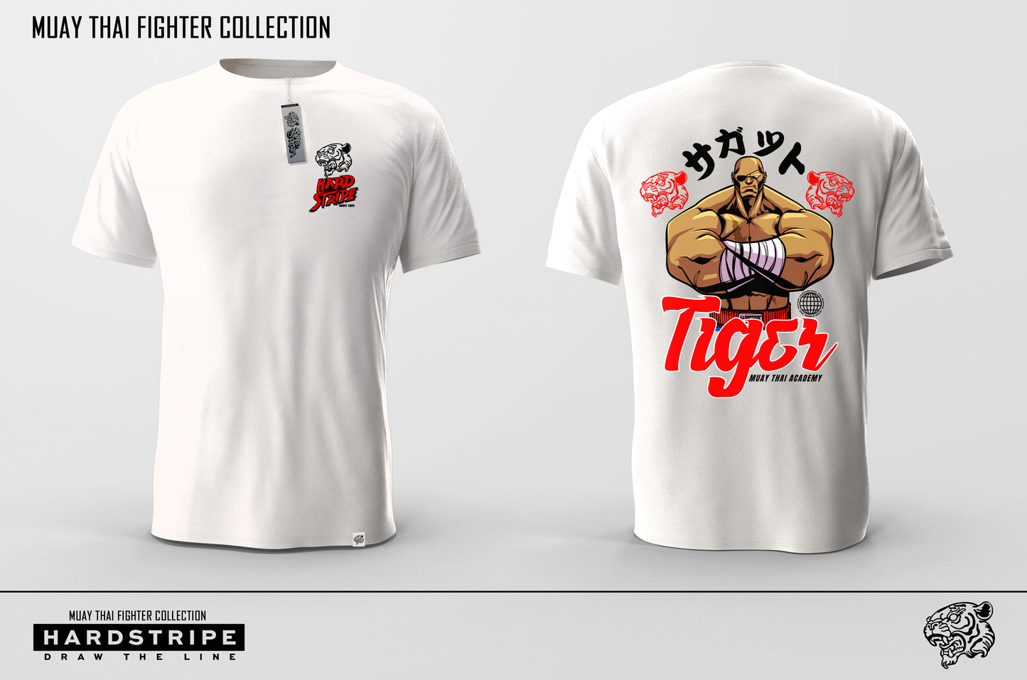 White t-shirt with Muay Thai fighter design on a gray background