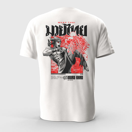White t-shirt with graphic design on the front featuring a stylized illustration of a Fighter throwing a knee text on the back.