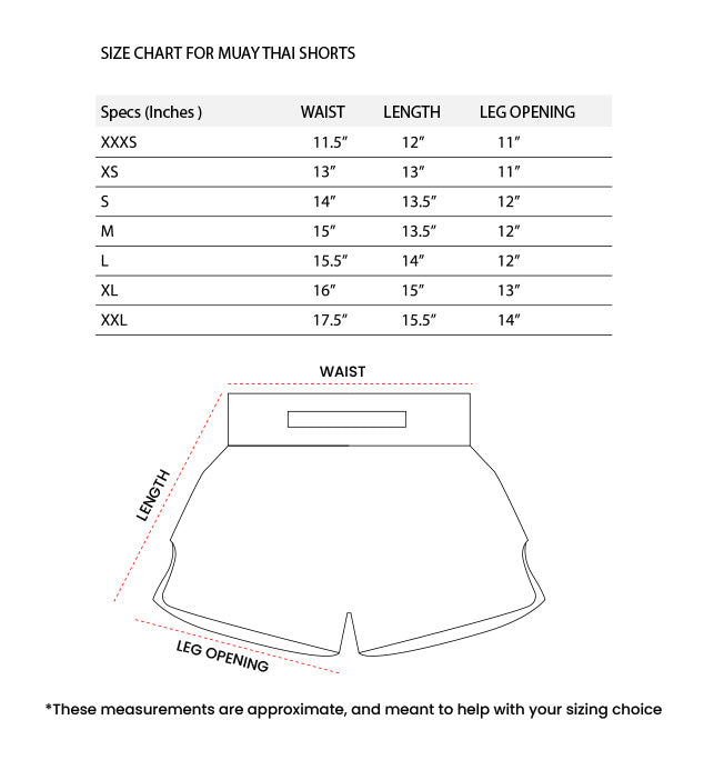 Size chart for Muay Thai shorts